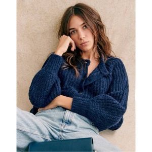 Sezane Emile Cardigan - Navy Puff Sleeve Alpaca Wool Knit Button Up Sweater sz S
